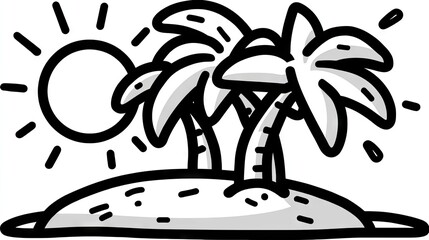 Hand-drawn illustration of a tropical island with palm trees and sun.
