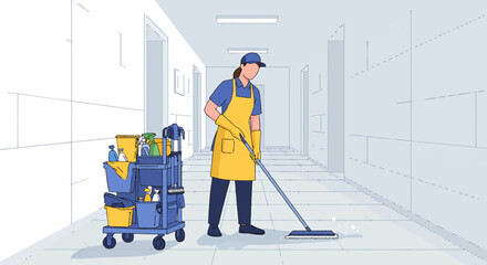 Obraz premium Female cleaner in uniform with a janitorial cart mopping an office corridor. Professional cleaning service concept vector illustration.