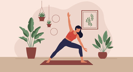 Woman practicing extended side angle pose in a modern living room. Home yoga workout for wellness and mindfulness concept vector illustration.