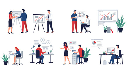 Set of flat vector illustrations depicting business people in various office situations, including presentations, data analysis, and teamwork.