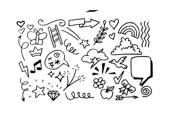 Obraz premium Sketch element line set. Abstract nature element decoration graphic icon set. Sketch hand drawn line element for brush, abstract decoration design. Vector illustration