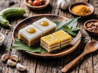 A photorealistic top-down view of traditional Malaysian desserts – Kuih Seri Muka with white glutinous rice base and coconut custard topping, and layered Kuih Lapis in vibrant yellow tones.