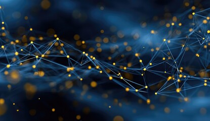 Abstract network of interconnected nodes and lines, dark blue background with scattered golden dots