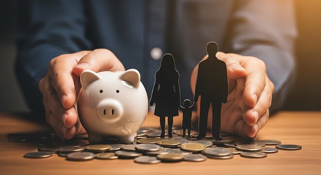 Hands protecting a piggy bank and family silhouette with coins - Powered by Adobe