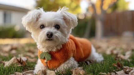 Cute maltese puppy in orange sweater enjoying autumn leaves in lush garden