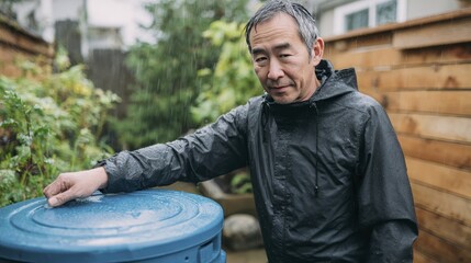 Mature man in rainy backyard leaning on blue water barrel