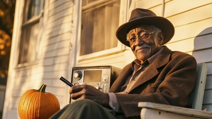 Elderly man in autumn attire enjoys radio on porch next to pumpkin