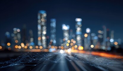Blurred city lights at night, overlaid with digital network