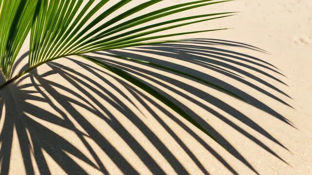 A single palm leaf casts a long shadow on sandy ground, perfect for use in travel or nature-themed designs