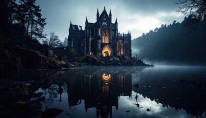 Spooky Gothic Cathedral at lake with moody atmosphere, and reflection.