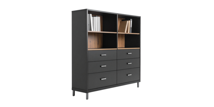 Wooden storage cabinet with drawers and shelves