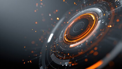 Abstract digital interface with concentric circles, orange highlights, and particle effects