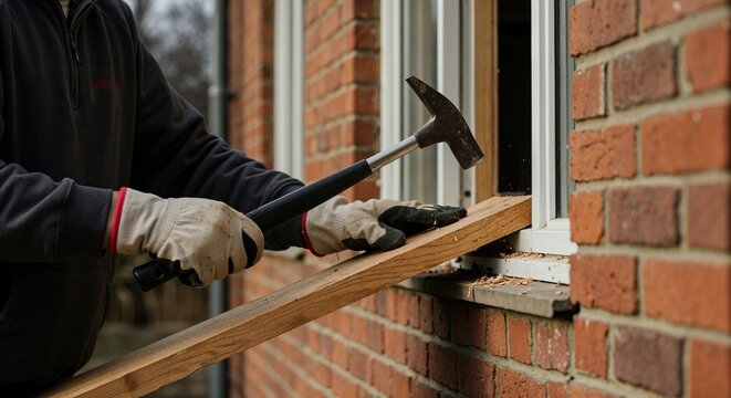 Man boarding up window frame with work gloves in late light showing motion, texture, and detail