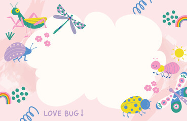 Cartoon Insect Frame with Pink Background and Rainbow Elements. Cute and vibrant bug-themed layout with plenty of copy space. Suited for greeting cards, classroom materials, or invitation templates.
