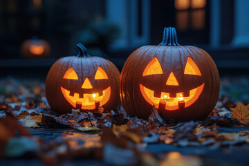 Fototapeta premium carved pumpkins with glowing faces.