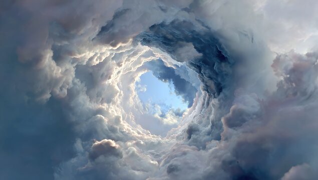 Whirlwind of clouds, a tunnel to a bright sky