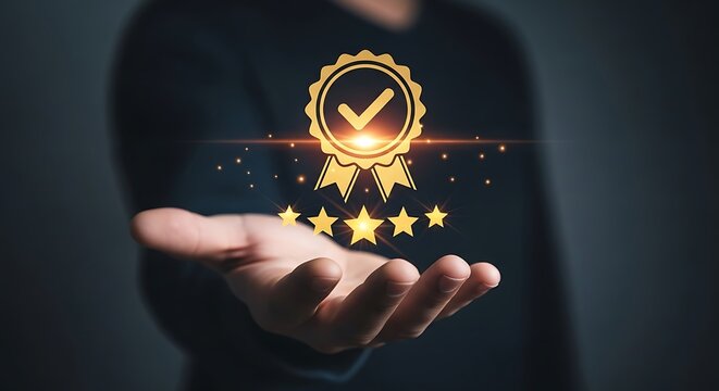 Man holding a golden award with five stars and checkmark
