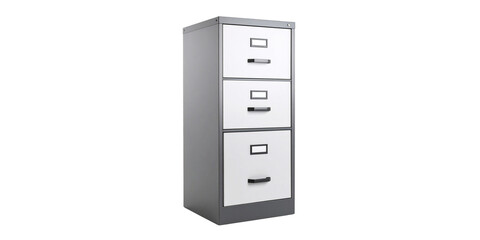 Three-dimensional rendering of a metal office file cabinet with drawers, isolated on white, for secure document storage and data archives