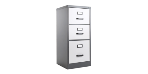 Three-dimensional rendering of a metal office file cabinet with drawers, isolated on white, for secure document storage and data archives