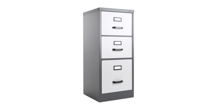 Three-dimensional rendering of a metal office file cabinet with drawers, isolated on white, for secure document storage and data archives