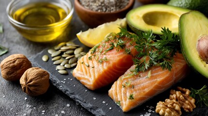 Healthy Salmon Meal with Avocado Nuts and Seeds.