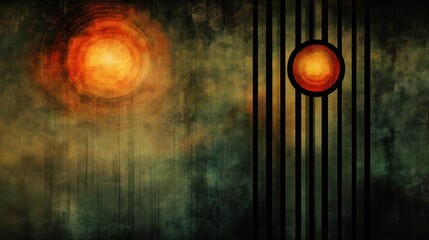 Fototapeta premium Dark, textured landscape with a sun and a barred circle