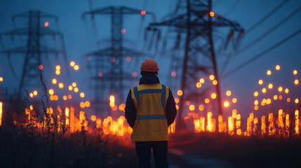 Engineer monitoring advanced smart grid energy standards urban environment technical overview futuristic perspective