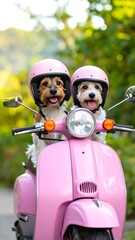 Two dogs in pink helmets ride a pink scooter outdoors