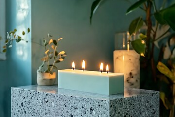 A sleek rectangular candle with dual wicks, placed on a granite block with complementary color props 