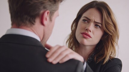 A woman expresses concern while touching the shoulder of a man, who appears conflicted. The atmosphere suggests a discussion about harassment or personal issues taking place in an office
