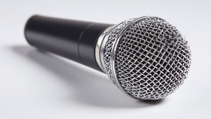 Close-up of a black microphone with a silver mesh grille