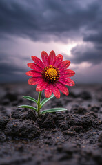 Marguerite rouge éclatante dans une terre riche