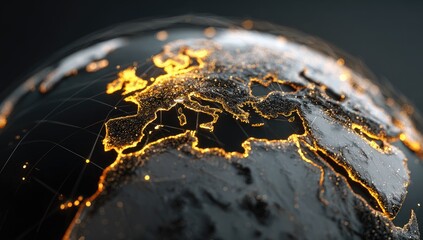 Detailed close-up of Europe on a globe, highlighted by luminous points