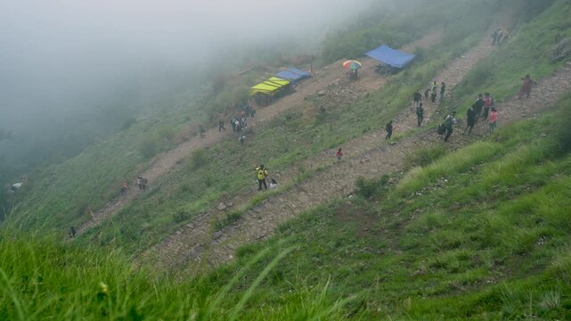 View from the top of the mountain after a tough trek on the Buda Madmaheshwar Temple trail, Rudraprayag, Uttarakhand, India.