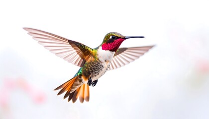 Obraz premium Elegant hummingbird in flight exhibiting vibrant colors and detailed wings against a serene backdrop