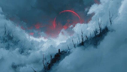 Epic landscape of a dark, cloudy mountaintop with a red eclipse