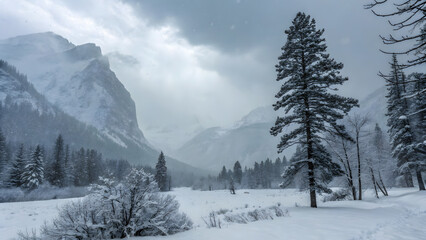 Snow covered mountain landscape with evergreen trees and soft sunlight