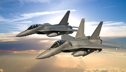 Two fighter jets fly in formation against a vibrant sunset sky (1)
