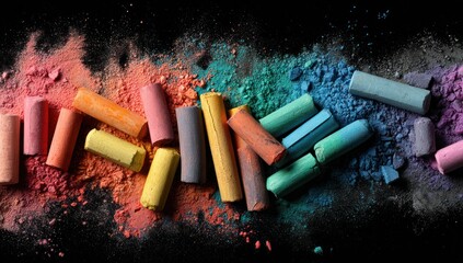 Colorful chalk sticks arranged amidst powder on a dark surface, overhead, artistic layout