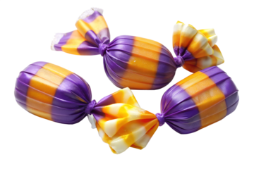 Purple and Orange Striped Hard Candies: Delicious Halloween Treats, Festive Candy Stock Photo on transparent background