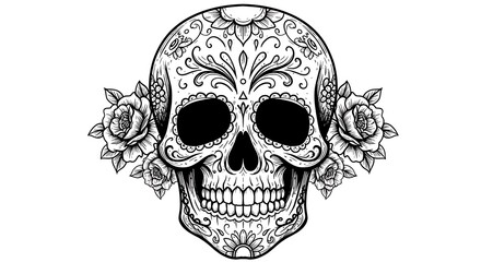 Ornate Sugar Skull: Black & White Ink Illustration