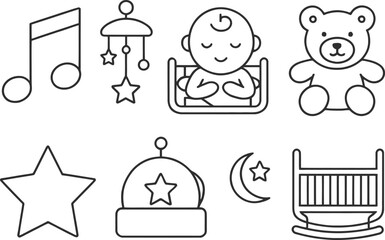 Baby Icons Set Music Note, Mobile, Sleeping Baby, Teddy Bear, Star, Moon on White