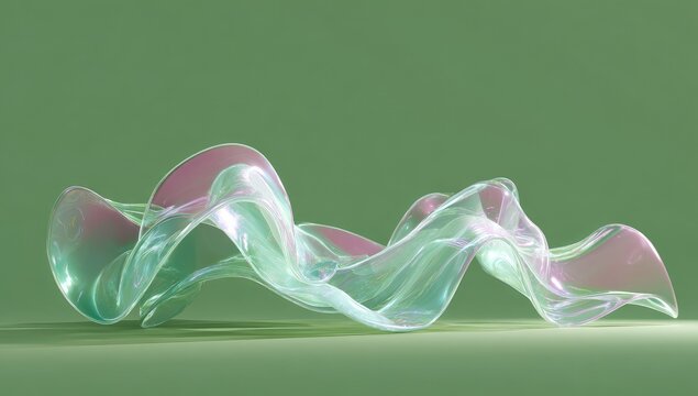 Abstract translucent, wavy forms in mint and rose tones on a muted green background