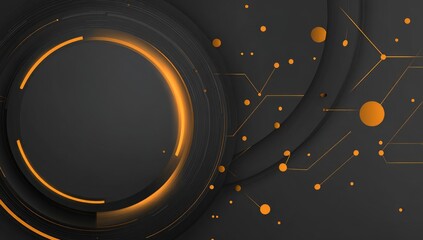 Dark gray background with glowing orange circles and lines, creating a futuristic and technological design