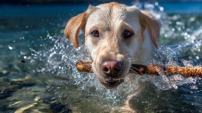 A playful yellow Labrador retriever splashes through water with a stick in its mouth.