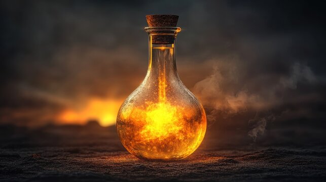 Fiery elixir in glass bottle