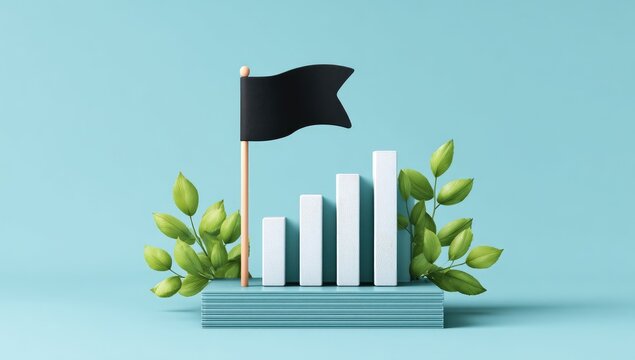 Minimalist graphic of a black flag atop rising white bars, surrounded by greenery on a light teal background