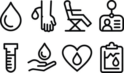 Blood Donation Icon Set Outline Style Drop, Arm, Chair, ID, Test Tube, Heart, Clip