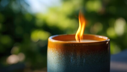 Close-up of a lit candle in a ceramic container, out-of-focus greenery background