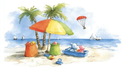 Beach scene with colorful beach toys and umbrella.